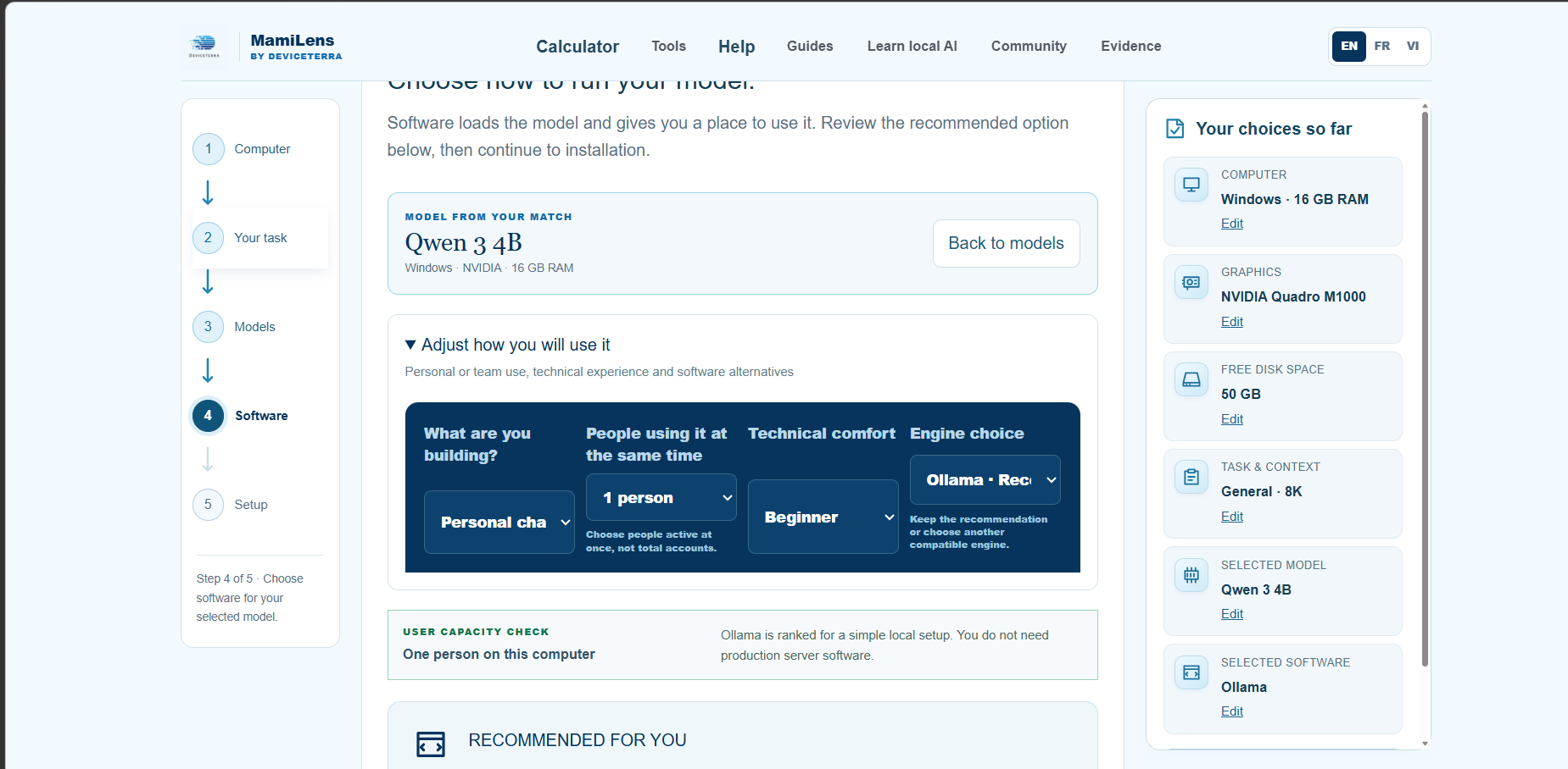 Submitted MamiLens calculator screenshot selecting Windows, 16 GB RAM, NVIDIA Quadro M1000, Qwen 3 4B, General task and 8K context, with Ollama recommended