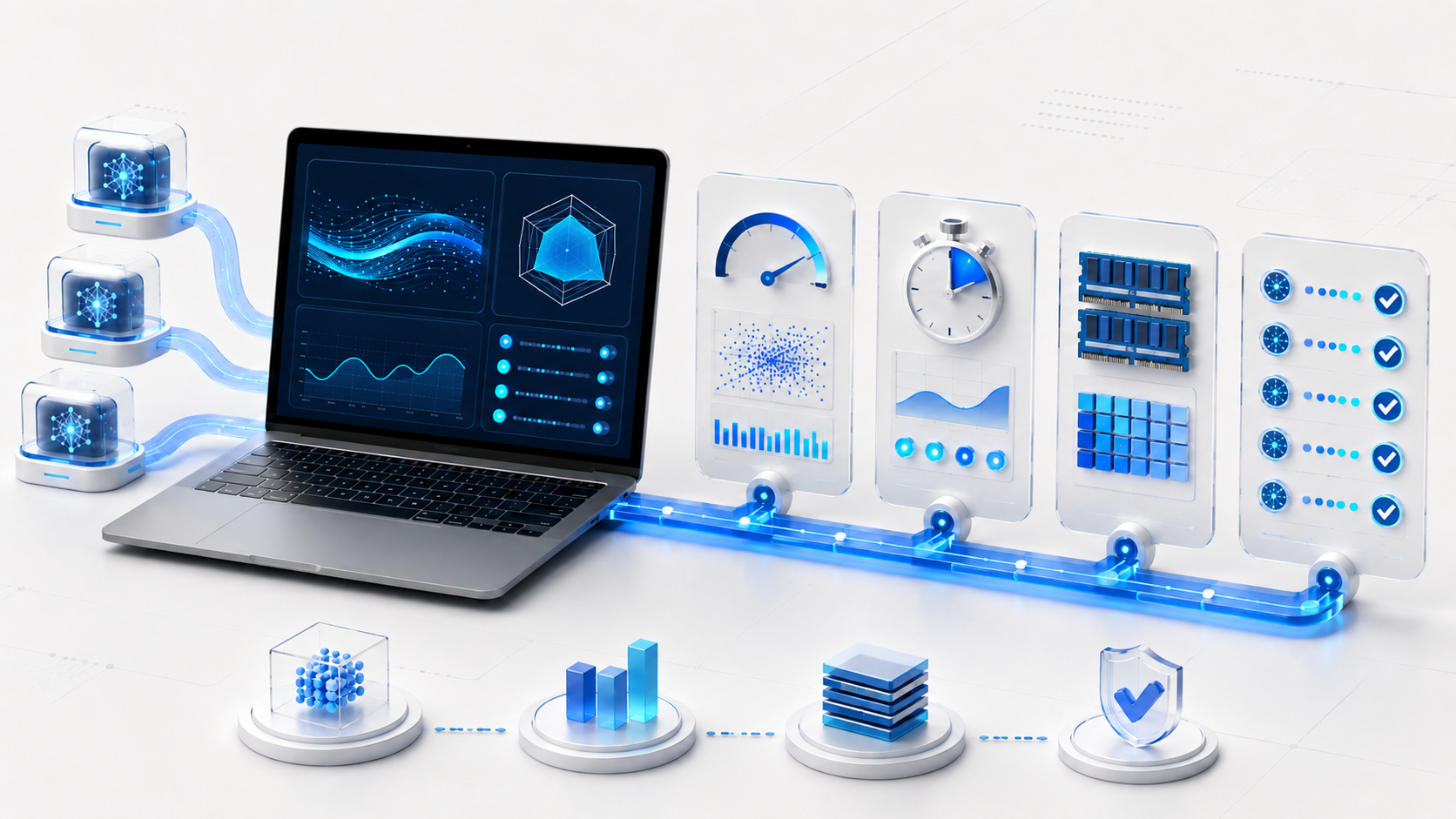 A laptop testing local AI models through performance and quality checkpoints