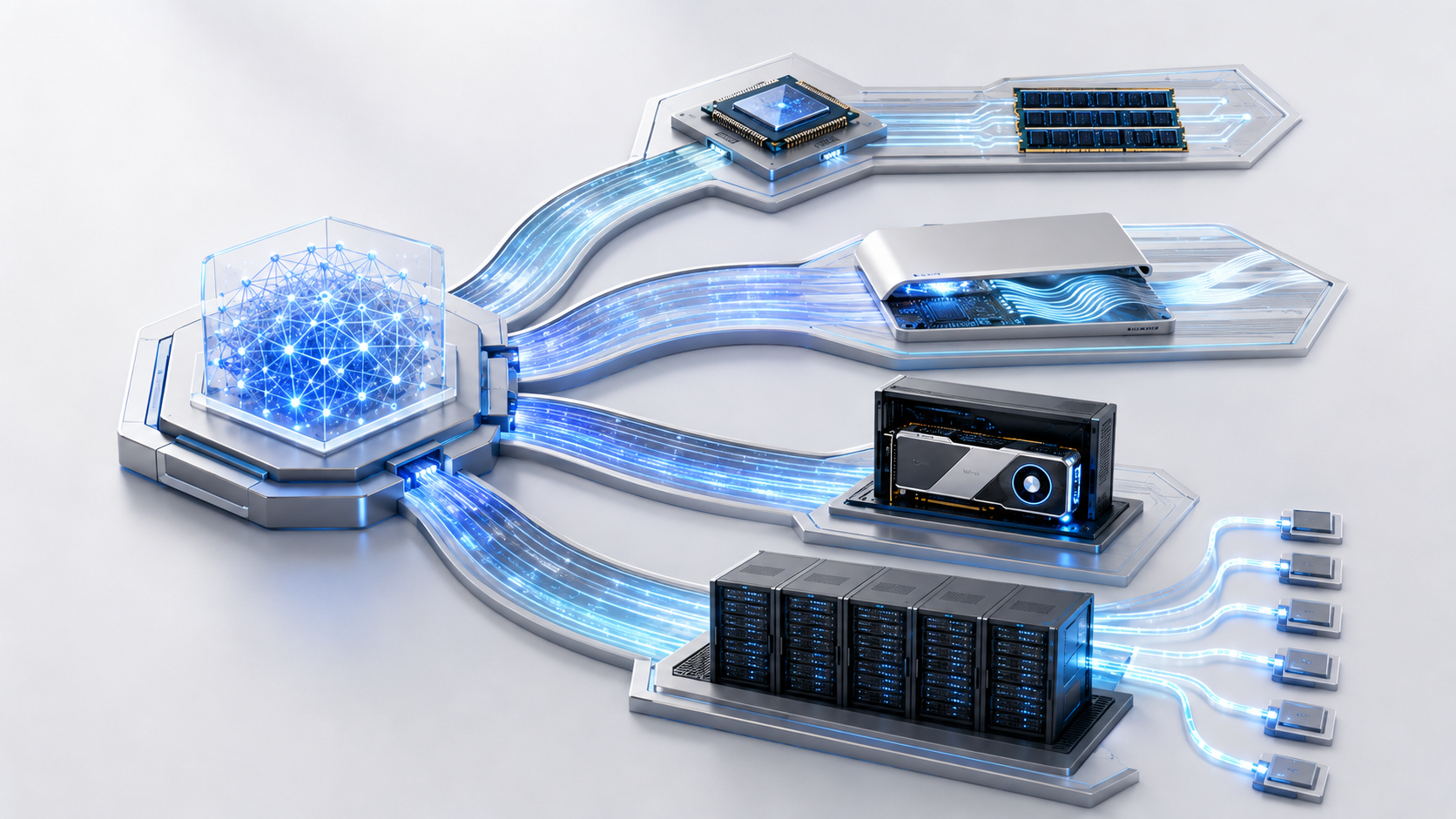 One AI model routed through CPU, Apple, GPU workstation and multi-user server engines