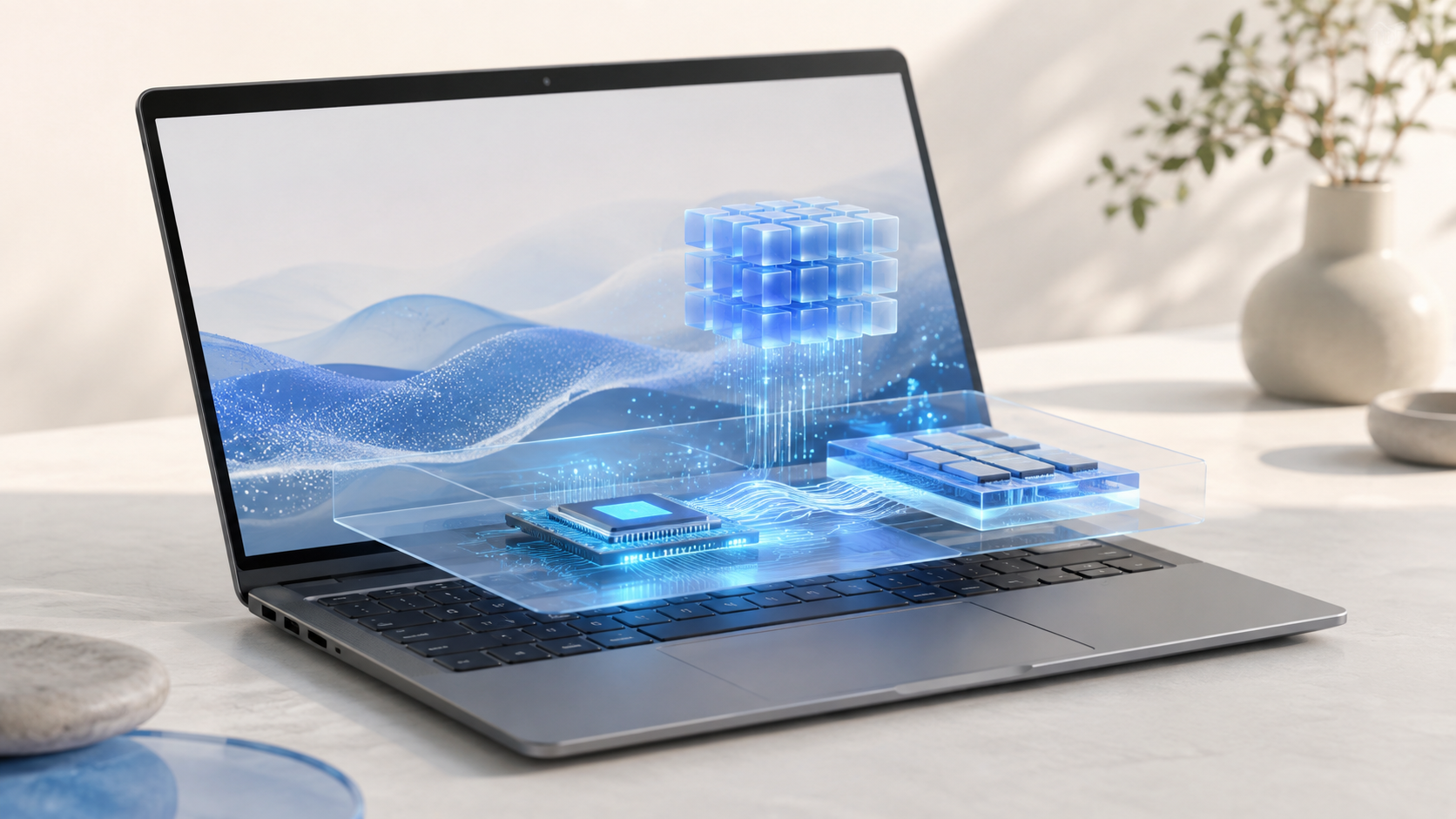An ordinary laptop running a compact local AI model through CPU and system memory