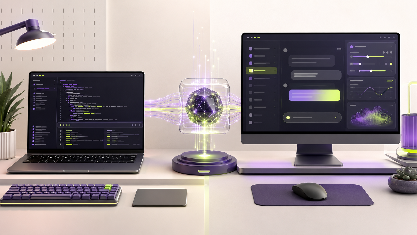 A local AI workflow shown through both a terminal interface and a desktop interface