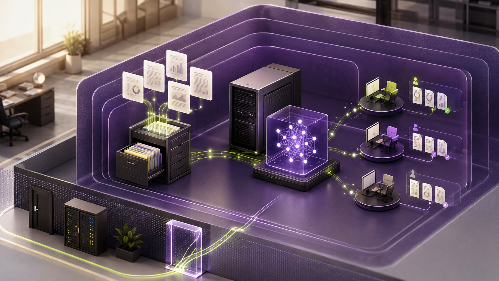 Private company documents connected to a local AI assistant inside a secure system