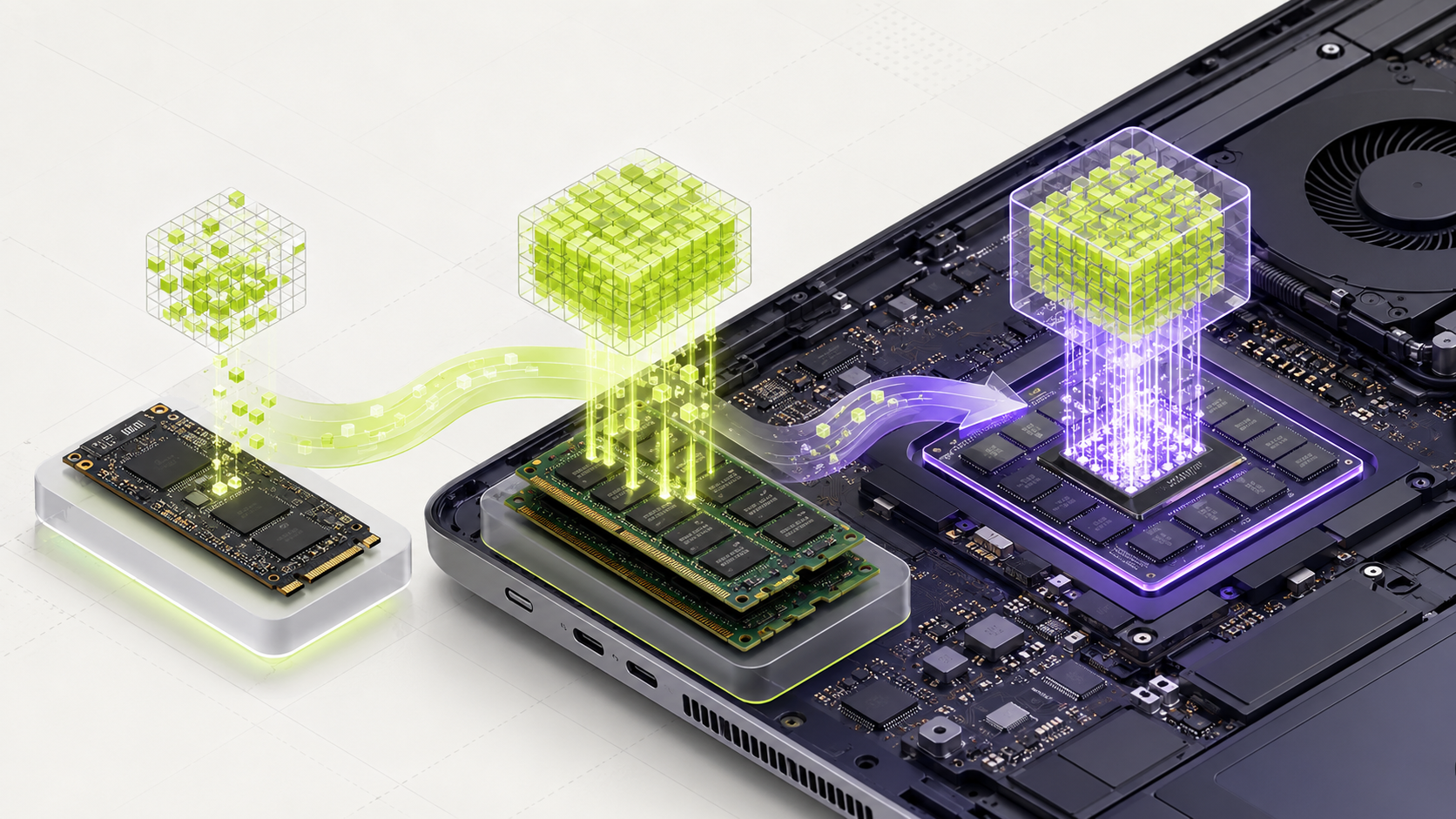 Technical illustration of storage, system memory and graphics memory supporting a local AI model